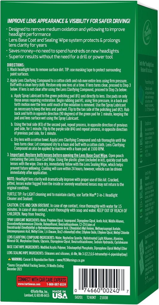 Turtle Wax Headlight Restoration Kit, Removes Oxidation and Yellowing, Restores to Like-New Condition, Increases Visibility and Brightness for Safer Driving, Easy Application