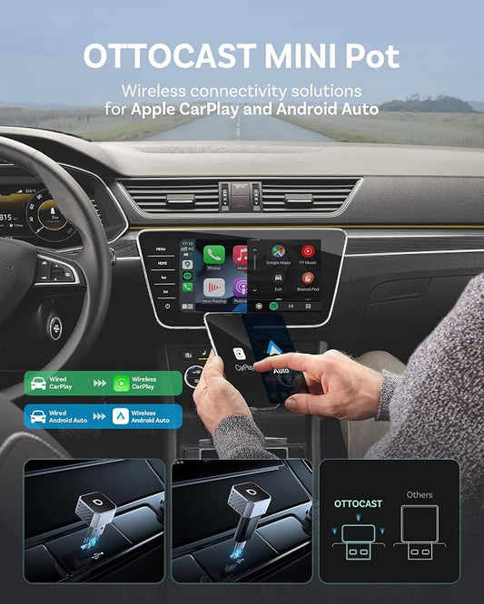 OTTOCAST Mini Pot 2025 2-in-1 Wireless CarPlay & Android Auto 2-in-1 Adapter, Plug & Play, 5GHz WiFi, Auto Connect for iPhone & Android, Fits 98%+ OEM Wired CarPlay Cars