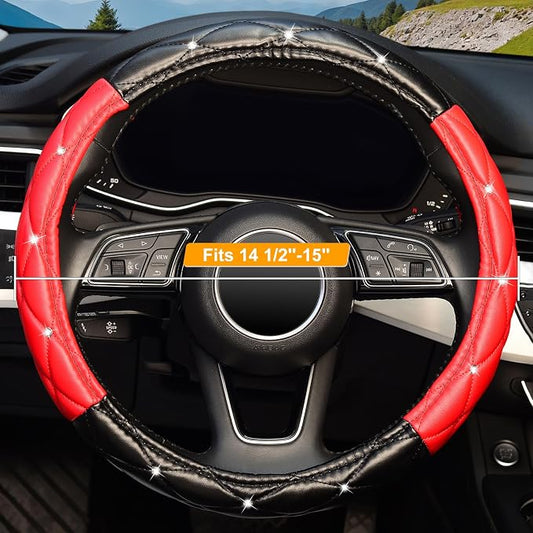 KAFEEK Diamond Soft Leather Steering Wheel Cover with Bling Bling Crystal Rhinestones, Universal 15 inch, Black Red