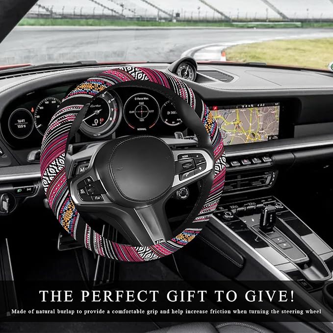 Boho Car Steering Wheel Cover, Ethnic Style Anti-Slip Coarse Flax Cloth Auto Wheel Cover, Bohemian Steering Wheel Protector for Most SUVs Vans Trucks, Car Accessories (Style J)