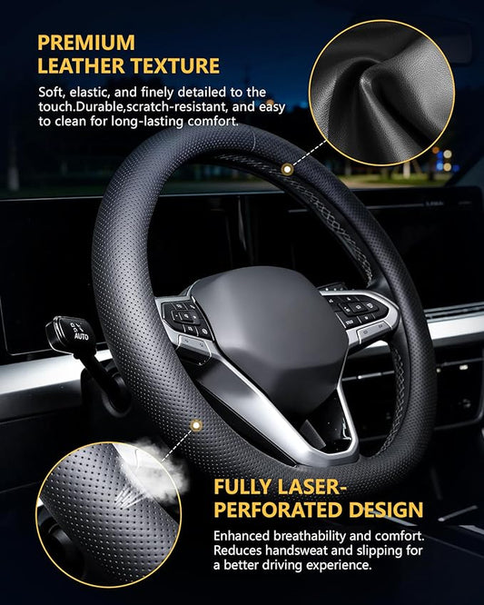 Car Leather Steering Wheel Cover, Premium Nappa Leather with Anti-Slip Lining, Universal 15 Inch, Perforated Breathable Design, Black