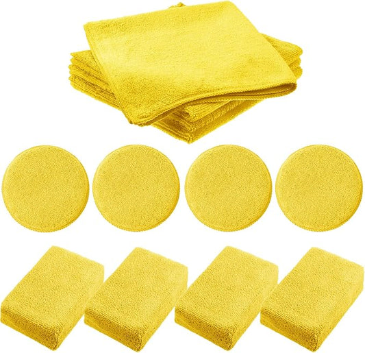 12 Pack Microfiber Applicator Pad Microfiber Sponge for Car Include Round Wax Microfiber Applicator Rectangle Car Drying Towel Exterior Auto Detailing Kit for Cleaning (Yellow)