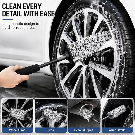 Long Handle Wheel Barrel Brush, Soft Microfiber Wheel Cleaner Brush, Non-Scratch Car Detailing Tool for Rim Cleaning and Tire Detailing (Black)