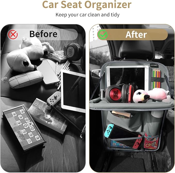 LUCMO Car Backseat Organizer with Tablet Holder-2 Pcs,6 Storage Pockets Car Storage Organizer with Foldable Food Tray Protectors Kick Mats Travel Accessories-Grey