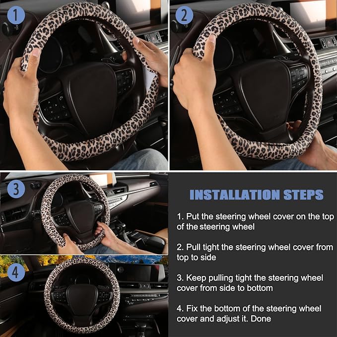 Leopard Print Steering Wheel Cover with Silicone Inner Ring, Non-Toxic, Odorless Silicone Leather with Non-Fading Cheetah Pattern for Men Women, Universal 14.5 to 15 Inch (Leopard Print)
