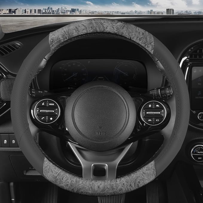 BDK BurlwoodLux Wood Grain and PU Leather Gray Steering Wheel Cover - Sport Grip for Car Auto SUV Trucks