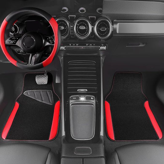 CAR PASS Faux Leather Steering Wheel Cover and Waterproof Car Floor Mats,Universal Car Combo Fit for 95% Sedan,SUV,Cars,14.5-15inch Sporty Anti-Slip Safety Comfortable Design(Black&Red)