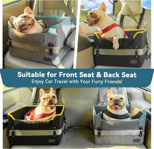 PETSFIT Small Dog Car Seat โ Patented Safety Buckles โ Safety Tether โ Foldable Travel Dog Booster Car Seat Reduces Anxiety & Road Trips โ Stable Frame, Soft Cushion, Fits Front/Back Seat