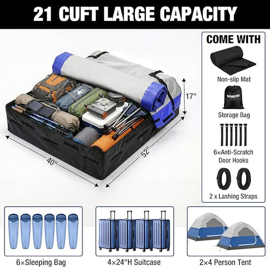 WORKPRO 21 Cubic Feet Rooftop Cargo Carrier Roof Bag, Waterproof Roof Rack Cargo Carrier for Vehicles with/Without Rack, Heavy Duty 840D PVC, Includes Anti-Slip Mat, 6 Door Hooks and Storage Bag