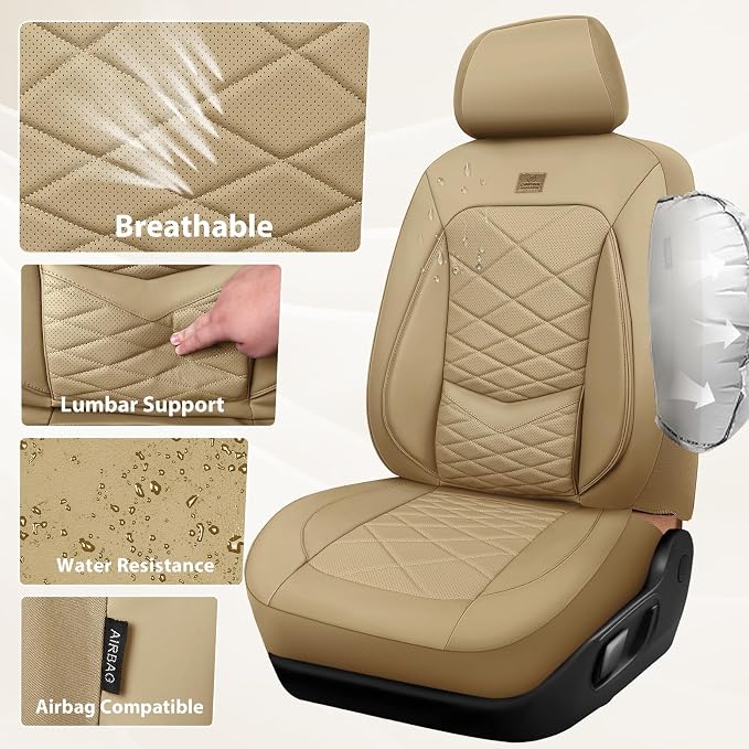 CAR PASS Luxury Nappa Leather Seat Covers Full Set, Water Resistant Faux Leather Seat Cover with Lumbar Support, Breathable Automotive Seat Covers Universal Fit for Sedan SUV Van Truck, Pure Beige