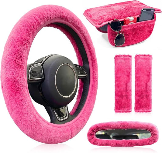 5 Pcs Fuzzy Pink Color Car Accessories Set, Soft Fluffy Plush Steering Wheel Cover, Center Console Armrest Pad & Rearview Mirror Cover - Interior Decorations for Women,Universal Fit (Pink)