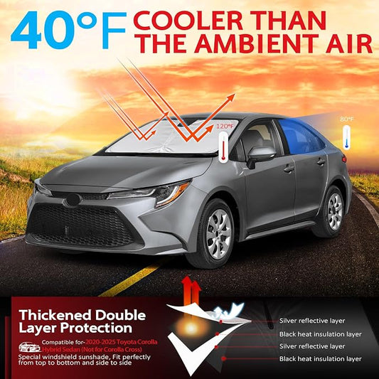KAYZT Windshield Sun Shade for Toyota Corolla Hybrid Sedan 2020-2025 2026 (Not for Corolla Cross) Foldable Sunshade Front Window Custom Fit Accessories