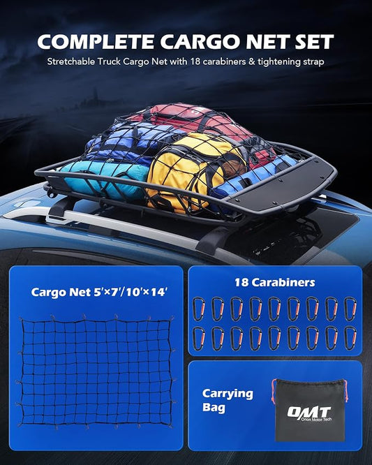 Orion Motor Tech 5'x7' Heavy Duty Cargo Net Stretches to 10'x14' for Pickups SUVs Vans Semis, Bungee Cord Net for Truck Bed Roof Rack Trailer More with Handmade Knotting 18 Carabiners Storage Bag