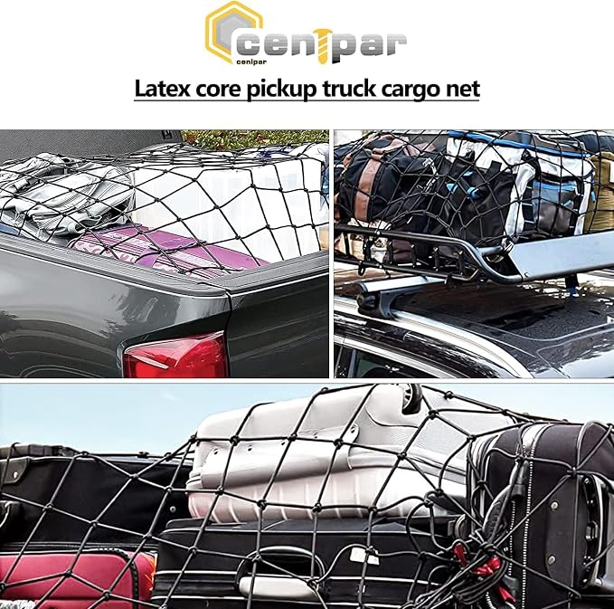 Cargo Net 4' x6' Stretches to 8' x 12' Truck Cargo Net for Pickup Truck Bed- Small 4"x4" Mesh Grid Super Duty Bungee Heavy Duty Bed Netting with 12 Adjustable Metal Carabiners by Cenipar
