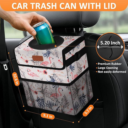Vankor Cute Car Trash Can, Car Accessories for Women Interior Can Trash Bag Hanging Automotive Garbage Cans Pink Flamingo