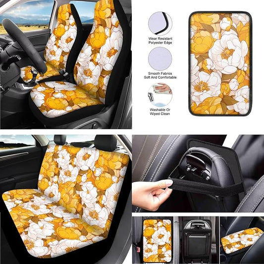 Peony Universal Car Seat Covers 13 Set, Yellow White Floral Contrast Color Car Accessories for Front Rear Seat Cover, Oil Painting Steering Wheel Cover Seat Belt Pads
