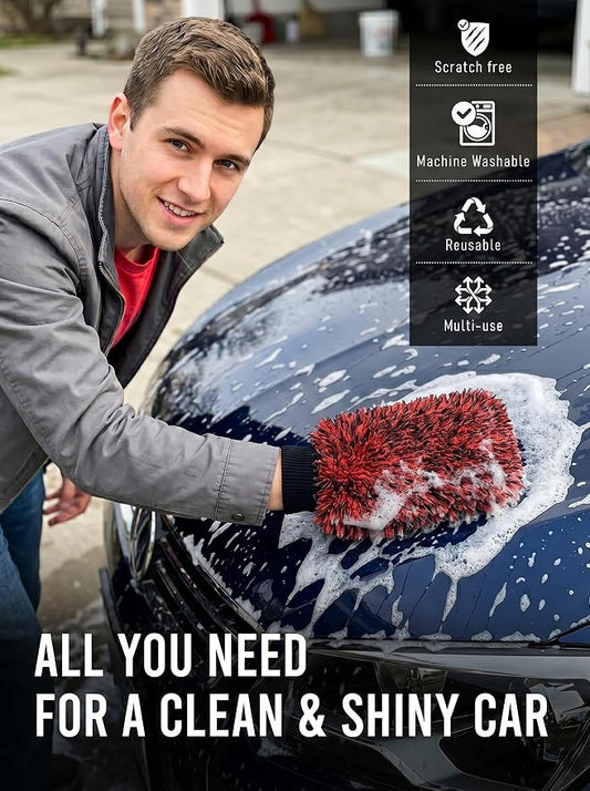 TAKAVU Car Wash Mitt Scratch Free, 2 Pack Microfiber Wash Mitts for Auto Detailing, Soft Lint Free Cleaning Gloves, Holds Sudsy Water, Machine Washable (Red & Black)