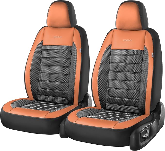 Coverado Car Seat Covers Front Seat, Luxury Leather Car Seat Protector, Automotive Front Mesh Seat Covers, Orange&Black Seat Cushion for SUV Sedan Truck