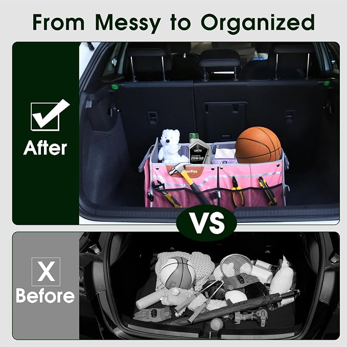 SugarFox Car Trunk Organizer for SUV, 70L Heavy Duty Waterproof Trunk Organizer, Foldable Vehicle Organizer with Anti-Slip Base, 24”x13.8”x11.8”, Pink-M003