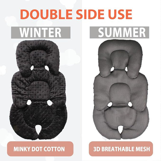 Infant Carseat Insert, 2-in-1 Reversible Baby Car Seat Cushion for Newborn Toddler Head & Body Support Car Seat Pad for Carseats, Strollers, Swings, Bouncers(Black)