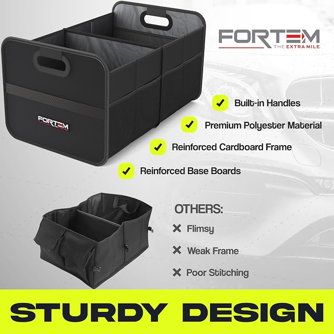 FORTEM Car Trunk Organizer, Collapsible Two Compartment Organizer, Foldable SUV & Truck Storage for Car Accessories for Women Men, Non Slip Bottom, Sturdy Side Walls, Strong Handles, 45L