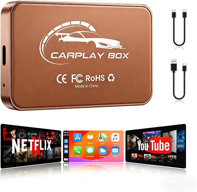 Wireless CarPlay Adapter Android Auto Dongle, 3-in-1 Magic AI Video Box for OEM Wired Cars, Built-in Netflix/YouTube for Streaming, 5.8GHz WiFi & Bluetooth 5.3, Convert Wired to Wireless, Brown