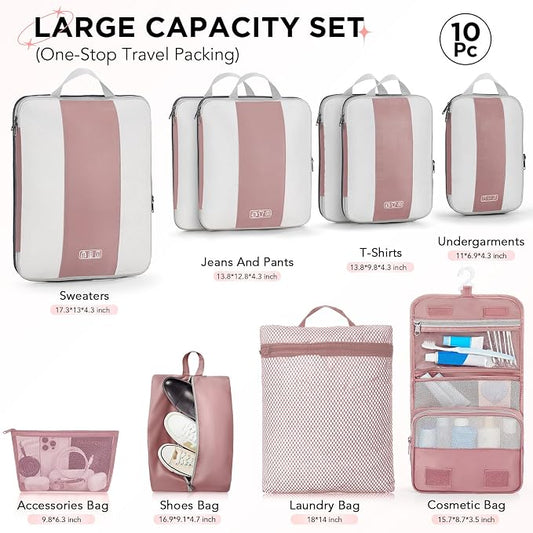 OlarHike 10-Pack Compression Packing Cubes for Travel Essentials,Compressible Expandable Packing Cubes for Suitcase,Luggage Garment Bags for Travel,Handy Helper for Organizing Clothes(Light Coral)