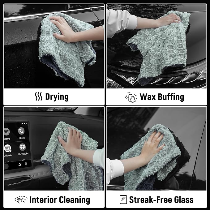 LIVOS 1000GSM Car Drying Towel, 18" x 24" Dual Sided Microfiber Towels for Cars, Ultra Absorbent Lint & Scratch-Free, Edgeless Twisted-Loop, Premium Wash Towel, Check Silver&Grey