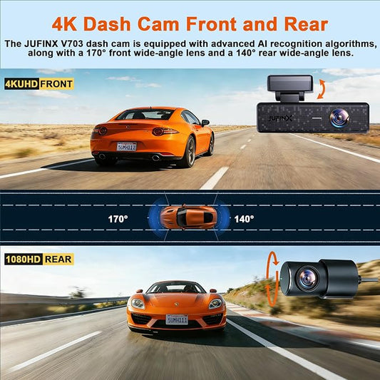 4K Dash Cam Front and Rear,with “Apple Find My” Function, 5.8GHz WiFi Dash Camera for Cars,WDR Night Vision Technology, 170° Wide-Angle Shooting and 24-Hour Parking Monitoring Mode.(V703)