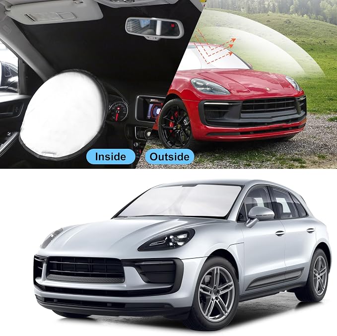 TINGLU Sun Shade for Porsche Macan 2014-2024 2025 2026 Accessories Windshield Sun Shade Window Shade UV Rays Protection Sun Visor Cover with Steering Wheel Sunshade Storage Bag