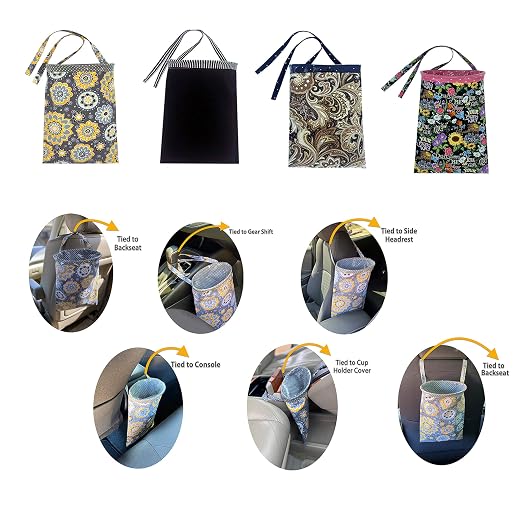 Car Trash Can Beige, Small, 0.7L, Plastic, Square, Open-Top, Reusable Waterproof Liner, 5 Disposable Bags, Hangs Front, Back Seat, Headrest, Console - Cute Beige Car Garbage Holder