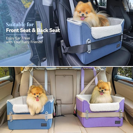 PETSFIT Dog Car Seats for Small DogsโPatented Safety BucklesโSafety TetherโFoldable Travel Dog Booster Car Seat Reduces Anxiety & Road TripsโStable Frame, Soft Cushion, Fits Front/Back Seat(Navy Blue)