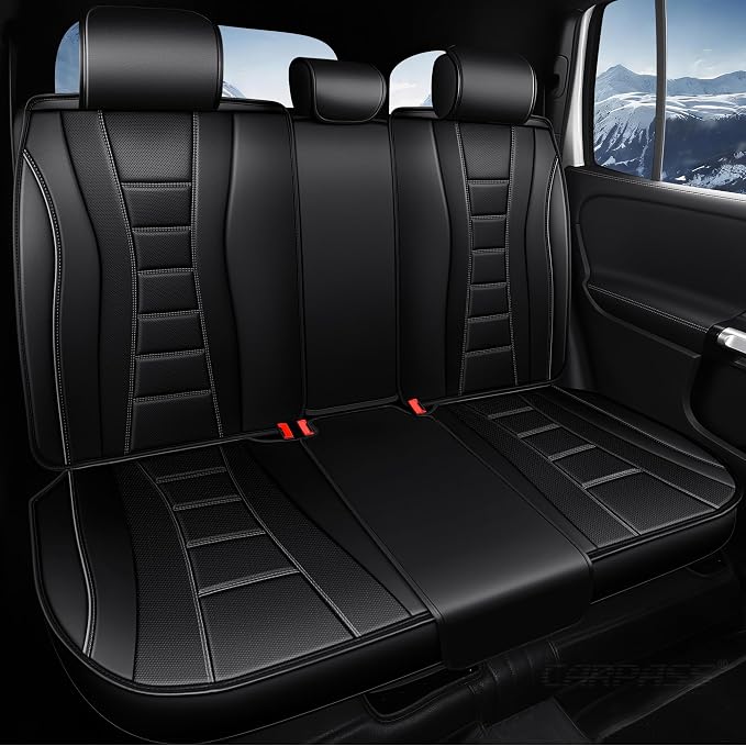 CAR PASS Nappa Leather Back Seat Covers, Universal FIT Piping Leather Rear Seat Cover for Cars,Sedan,SUV,Truck 3D Foam Waterproof Breathable Luxury Seat Covers, Comfort Durable Airbag Compatible Black