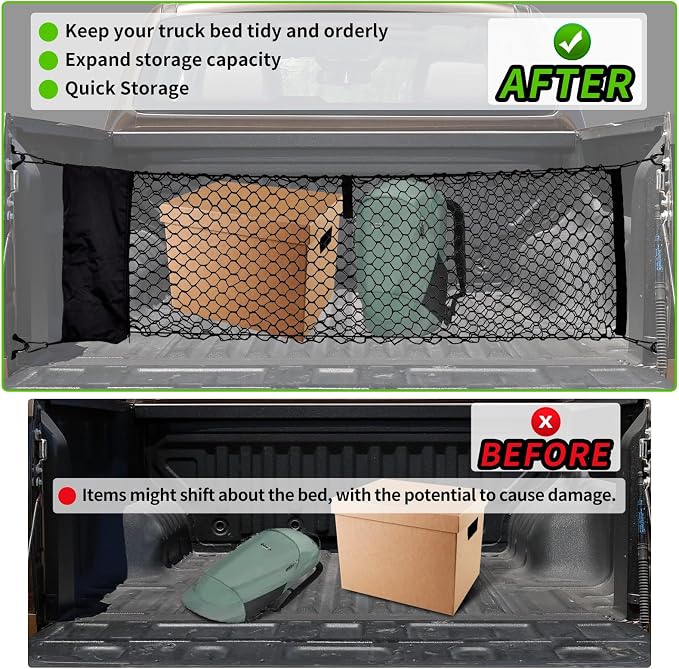 Cargo Net for Pickup Truck Bed, 50 x 17.7 inches, Compatible with Ford F150, F150/F250, Chevy Silverado, GMC Sierra - Upgraded Storage Bag