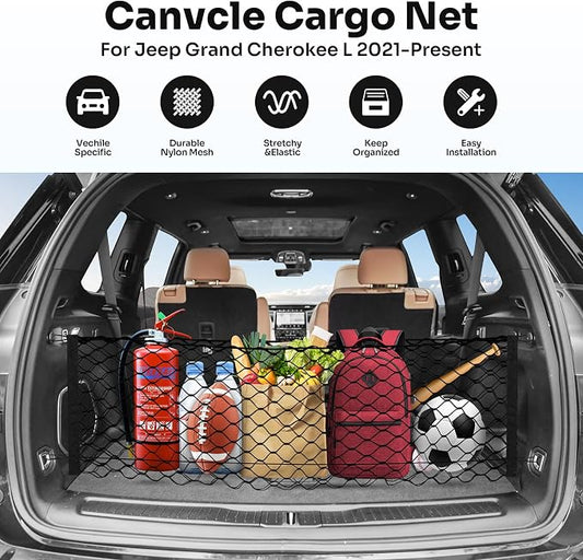 Canvcle Trunk Cargo Net for 2021-2026 Jeep Grand Cherokee L (7 Seats) Accessories Envelope Style Mesh Trunk Net Organizer and Storage Stretchable Adjustable Elastic Nylon Rear Cargo Netting with Hooks