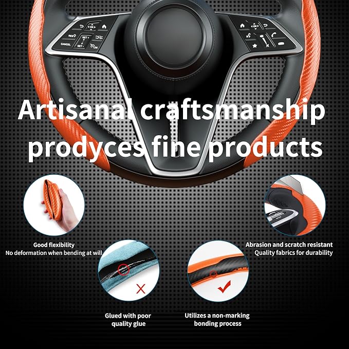 Carbon Fiber Steering Wheel Cover, 3-Piece Set Anti-Skid Comfortable Grip Segmented Butterfly Design, Easy Snap-On Installation Universal Fit 99% Cars, Orange