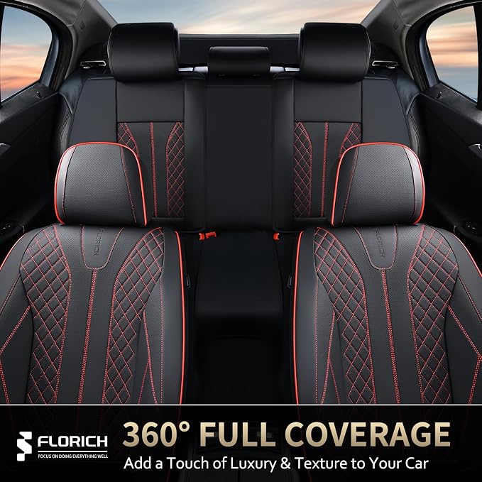 FLORICH Leather Seat Covers Car Seat Cover Front and Rear Seat Cover 5 Seats Automotive Seat Covers Waterproof Seat Covers for Cars Universal Fit for Most Cars SUV Trucks, Black&Red Line