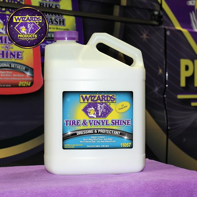 Wizards - Vinyl & Tire Shine Spray, Tire Dressing and Protectant, Professional Detail Spray, No Sling Off, Anti-static Car Detailing Spray, KeepingTires & Vinyls Look New, Car Care Products, 1 Gallon
