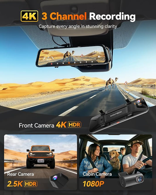 WOLFBOX G900 Tripro Cabin-N 3 Channel 4K Mirror Dash Cam, 4K+1080P+2.5K Front Inside Rear View Mirror Camera, 8MP STARVIS 2 IMX678 Night Vision, 12" Smart Screen, 5.8G WiFi (SD Card Not Included)