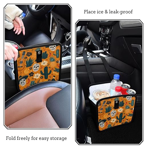 Car Trash Can Organizer Bin with Adjustable Strap for Back Front Seat Console Waterproof Leakproof Collapsible Portable 11 Inch Orange Day Of The Dead Skull Cacti