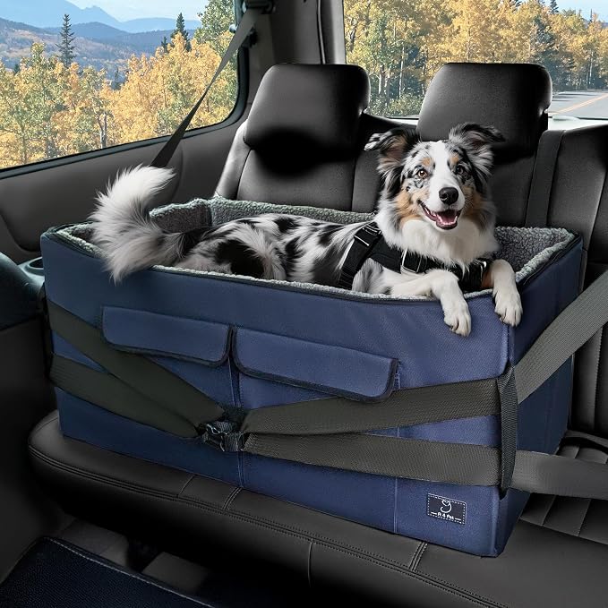 A 4 Pet Dog Car Seat for Medium/Large Dog or 2 Small Dogs, Booster Travel Pet Seat with 2 Safety Seat Belts & Storage Bags, Portable Comfortable Pet Seat for Dogs Under 55 lbs