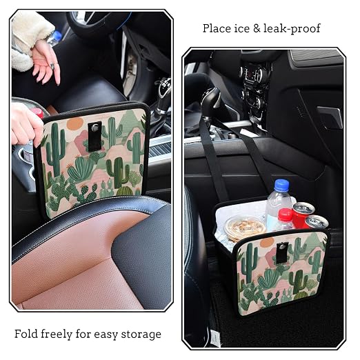 Car Trash Can Organizer Bin with Adjustable Strap for Back Front Seat Console Waterproof Leakproof Collapsible Portable 11 Inch Boho Cacti Mountains and Sun