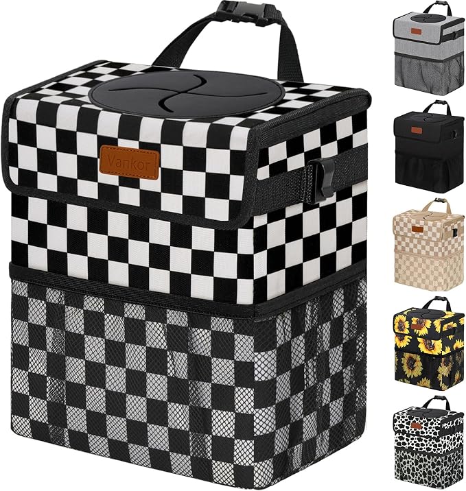 Vankor 3 Gallons Car Trash Can with Lid, Bag Bin Hanging Waterproof Automotive Car Garbage Cans Leak Proof Vehicle Trash Can for Truck SUV, Black White Checkered