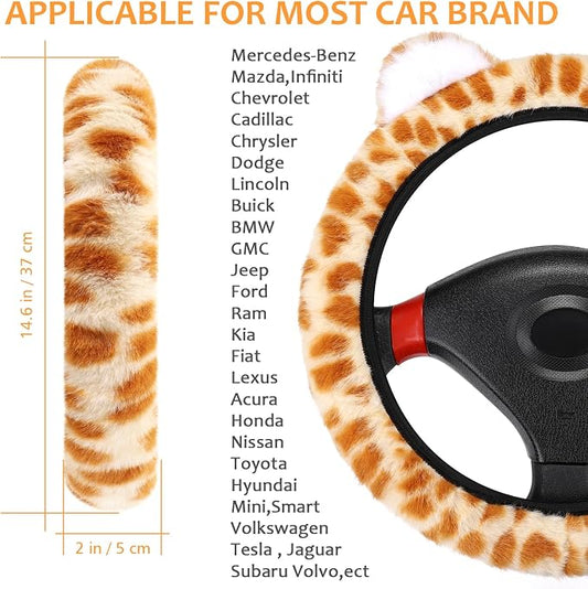 Accmor Fuzzy Leopard Print Car Steering Wheel Cover Women Car Accessories | Soft Furry, Non-Slip, Elastic Steering Wheel Covers, Universal 15 Inch Fit Auto, Suvs, Truck