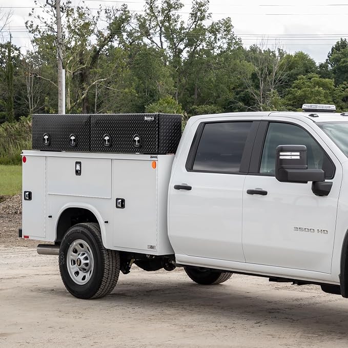 Buyers Products 1721364 Topsider Truck Tool Box, 18x16x88 Inch, Gloss Black Diamond Tread Aluminum, Dual Flip-Up Doors, Locking Compression Latch, Weather Resistant, No-Drill Mount, Made in USA