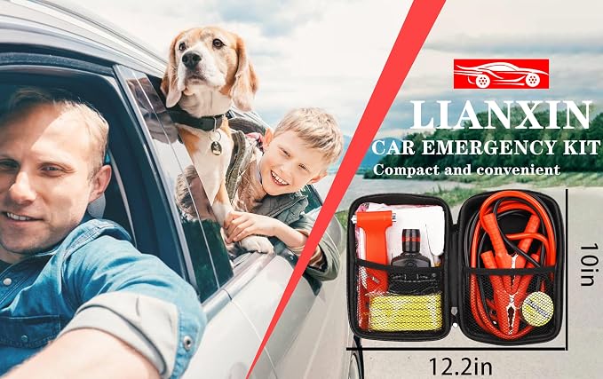 LIANXIN Car Roadside Emergency Kit, with Jumper Cables Automotive Kit,Car Safety Roadside Assistance Kit Headlamp,Tow Straps, Safety Hammers, Rainwear, Gloves.Black