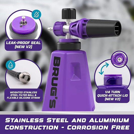 Brug's™ Pro Foam Cannon V2 - Professional Car Wash Foam Gun for Pressure Washer - Adjustable Spray Blaster, 1.1mm Orafice, Wide Neck Bottle, 1/4" Quick Connector - Snow Foam Cannon