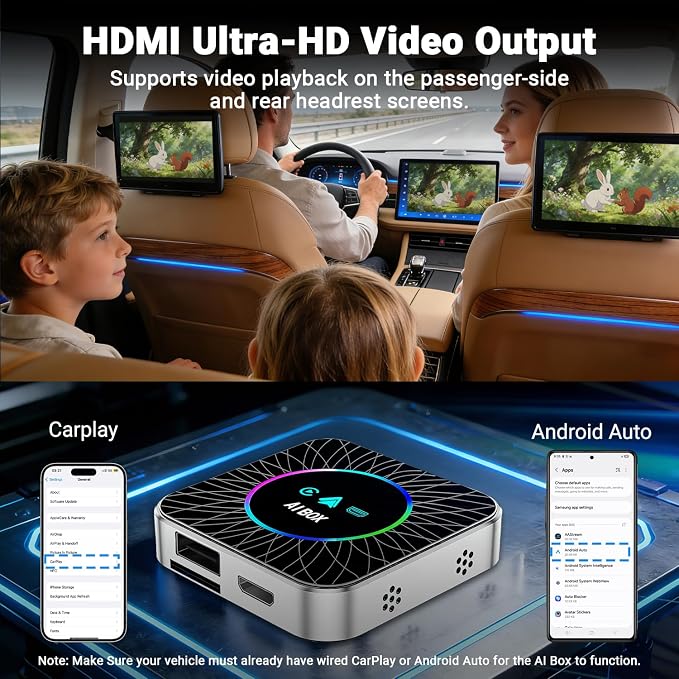 AI Box Carplay, 4+32GB Car Video Box for Netflix/YouTube/TikTok/TF Card & HDMI Output Streaming Magic AI Box Wireless CarPlay Adapter with Ambient Light, Fits for OEM Wired Car Play Cars