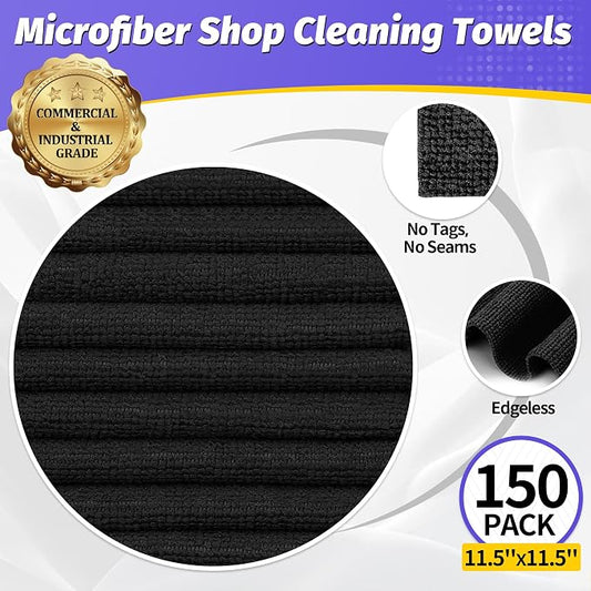 Microfiber Cleaning Cloth, 150 Pack Black Cleaning Rags Microfiber Towel Bulk Absorbent Lint-Free Wash Cloths, All-Purpose Towels for Cars, Shop, Automotive, Garage, Home & Kitchen