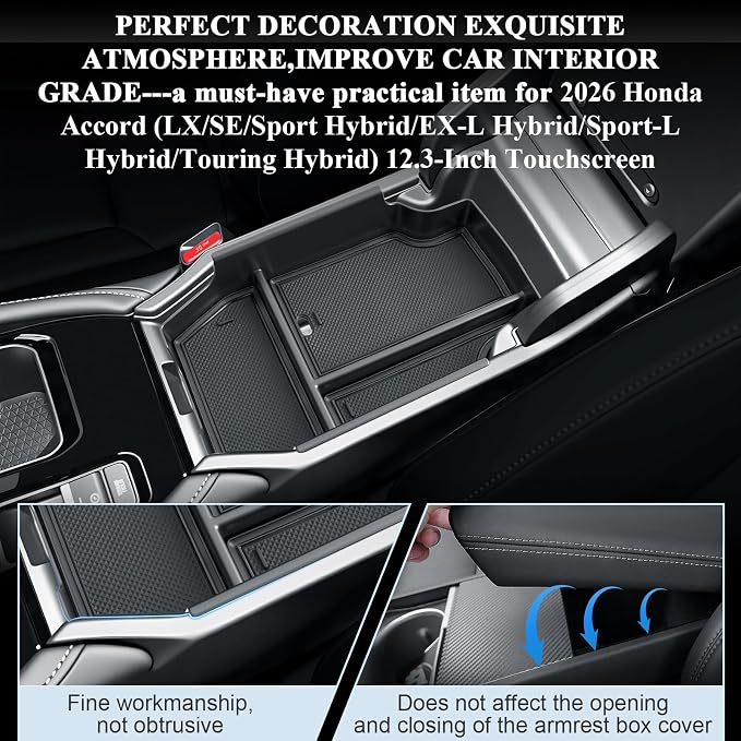 BIBIBO 2026 Accord Center Console Organizer for 2026 Honda Accord (LX/SE/Sport Hybrid/EX-L Hybrid/Sport-L Hybrid/Touring Hybrid) Console Tray 2026 Honda Accord Armrest Insert Organizer